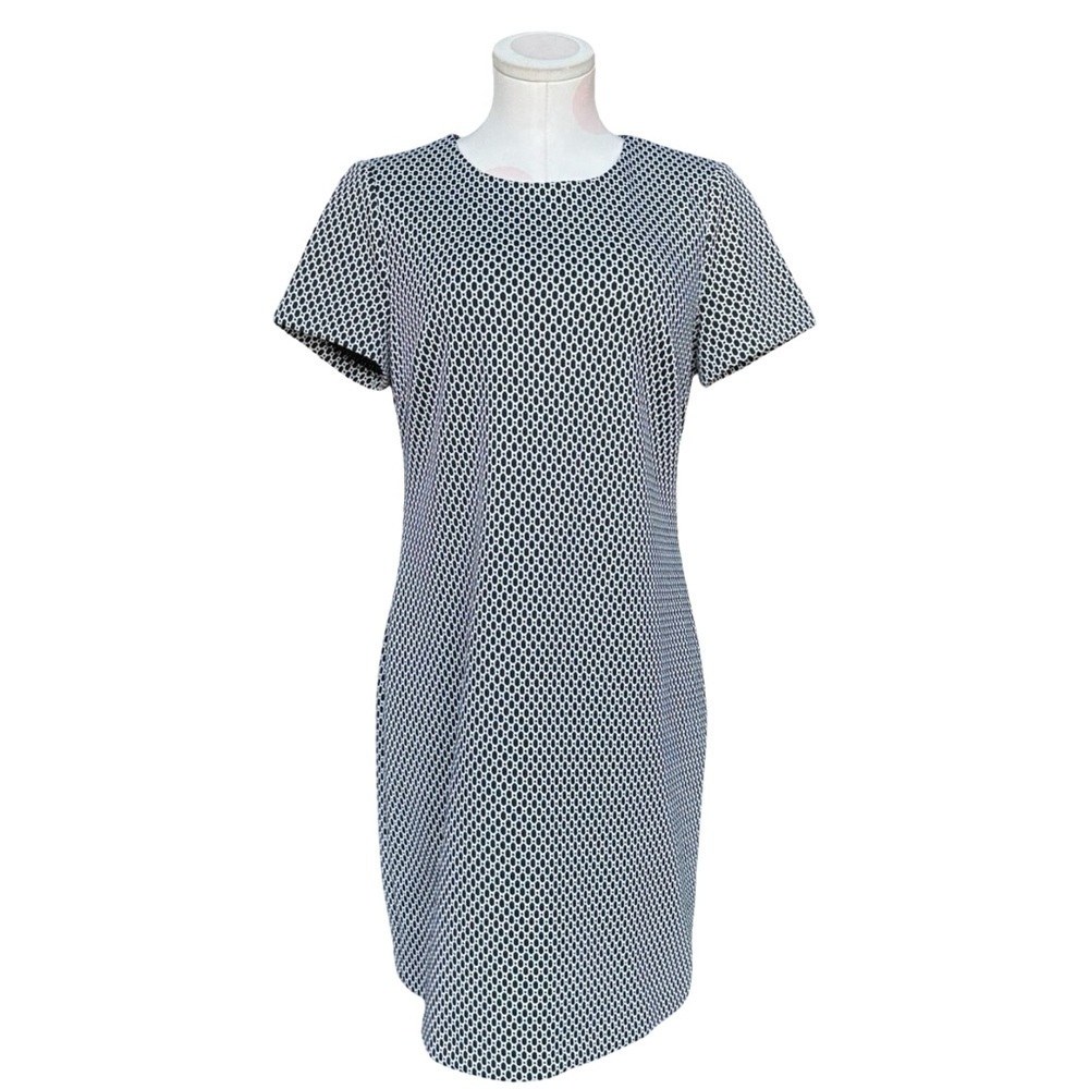 Calvin Klein Womens Black White Geometric Round Neck Short Sleeve Shift Dress 10